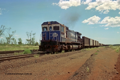 219-28
Goldsworthy Siding, C36-7M unit 5507 'Nimingarra' serial 4839-03 / 87-072, an original Mt Newman Mining ALCo C636 5461 to GE C36-7M rebuild carried out by Goninan, leads an empty train along the siding for a meet.
Keywords: 5507;Goninan;GE;C36-7M;4839-03/87-072;rebuild;AE-Goodwin;ALCo;C636;5461;G6035-2;