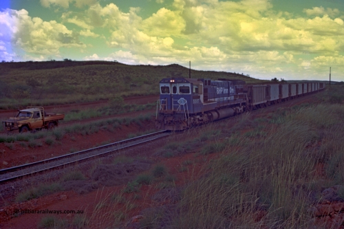 220-16
Just west of the 104.6 km crossing on the Yarrie line, BHP Iron Ore Goninan rebuilt ALCo C636 5431 into a C36-7M unit 5507 serial number 4839-03 / 87-072 seen here leading its loaded train through the curves.
Keywords: 5507;Goninan;GE;C36-7M;4839-03/87-072;rebuild;AE-Goodwin;ALCo;C636;5461;G6035-2;