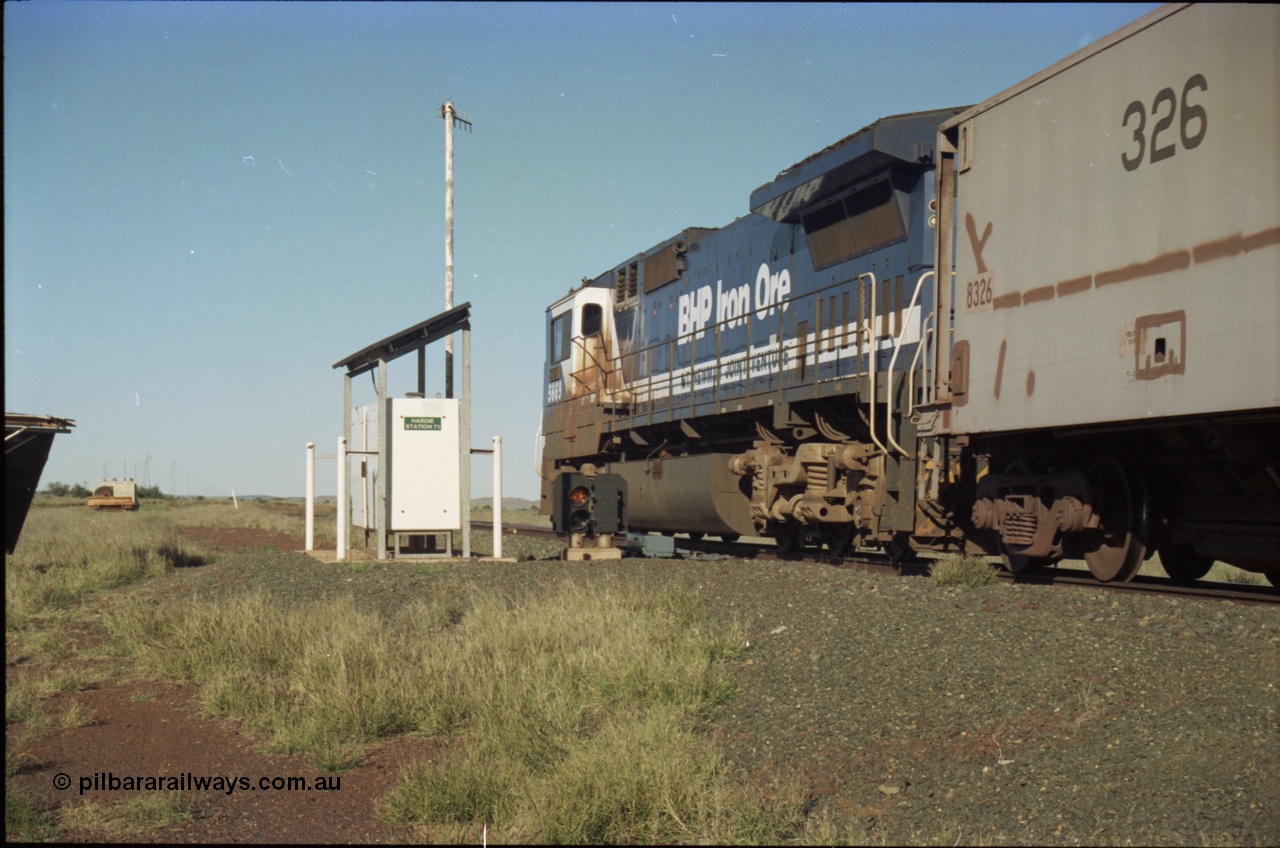 221-13
Hardie Siding, BHP Iron Ore Goninan rebuild unit CM40-8MEFI 5669 the last Dash 8 rebuilt for BHP and one of four fitted with an EFI prime mover, serial 95-160/8412-02 is backing out onto the mainline with an empty train that will continue onto Yarrie for loading.
Keywords: 5669;Goninan;GE;CM40-8EFI;8412-02/95-160;rebuild;Comeng-NSW;ALCo;M636C;5486;C6084-2;