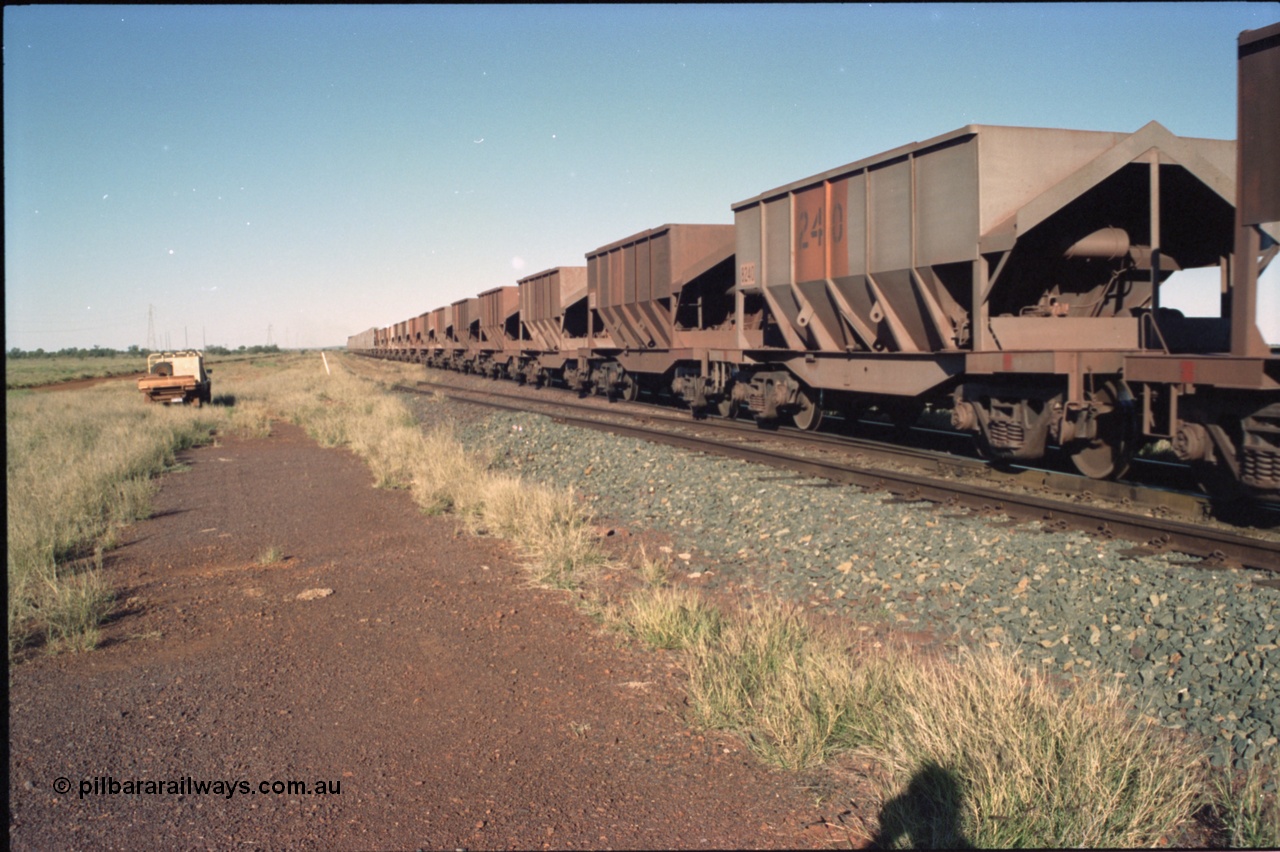 221-19
Hardie Siding, Tomlinson Steel cars make up the bulk of the fleet and the rear portions of the Goldsworthy Line trains.
