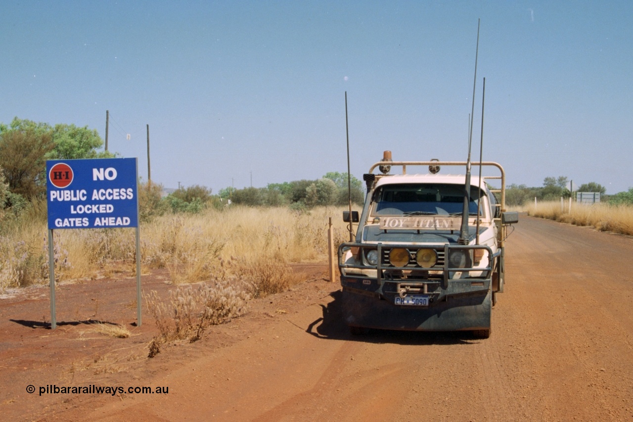 223-02
Rosella Siding, the HI Access Road and locked gate sign with the Toy Titan HJ75 Toyota Landcruiser. 21st October 2000.
