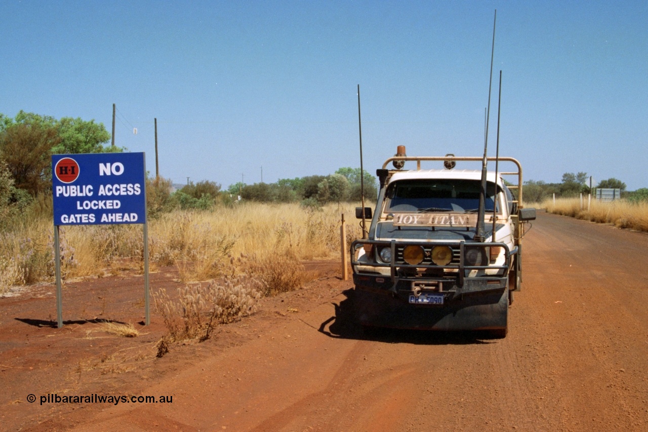223-03
Rosella Siding, the HI Access Road and locked gate sign with the Toy Titan HJ75 Toyota Landcruiser. 21st October 2000.
