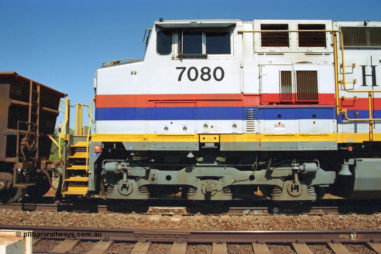 223-19
Possum Siding, left hand side cab view of Hamersley Iron loco 7080 a General Electric built Dash 9-44CW serial 47759. 21st October 2000.
Keywords: 7080;GE;Dash-9-44CW;47759;