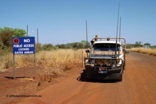 223-03
Rosella Siding, the HI Access Road and locked gate sign with the Toy Titan HJ75 Toyota Landcruiser. 21st October 2000.
