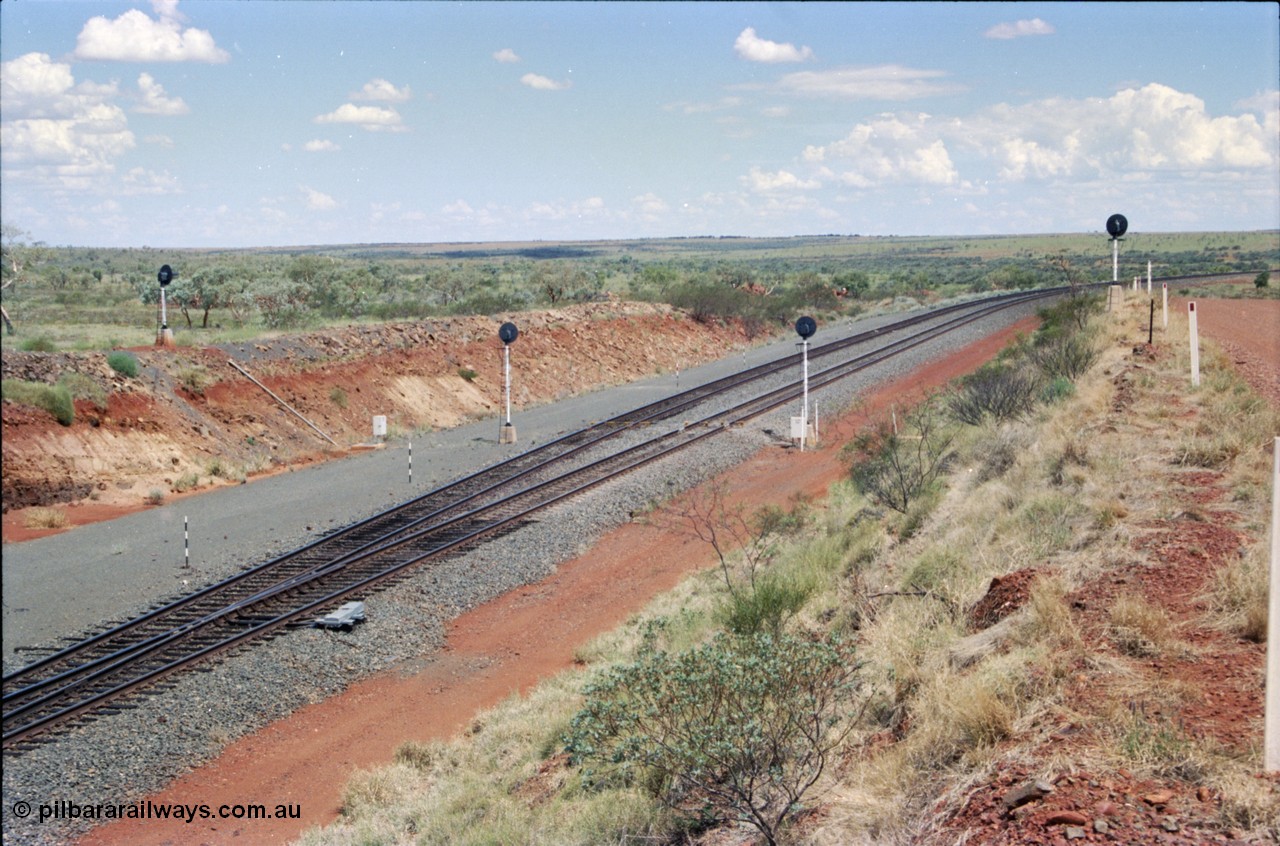 226-15
Shaw North, 216.5 km, view looking south with the 700 metre radius curve around to the right and the departure signals with the repeater posts at the far left and far right of the image. [url=https://goo.gl/maps/emPzCHvnzAJ2]GeoData[/url].
