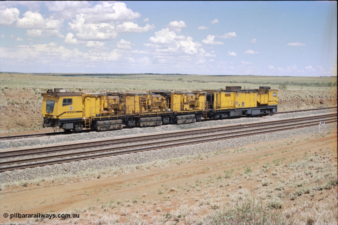 226-21
Shaw siding back track at the 219 km, Speno RR 24 M-1 rail grinder stabled in back track. [url=https://goo.gl/maps/JLjSYskHScU2]GeoData[/url].
Keywords: Speno;RR24;M1;rail-grinder;