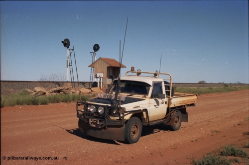 227-34
25 km signal location on the BHP Newman mainline. 25 S for south bound trains, the other signal is 25 N. Toyota tray back. [url=https://goo.gl/maps/wLVbPJhpBm92]GeoData[/url].
