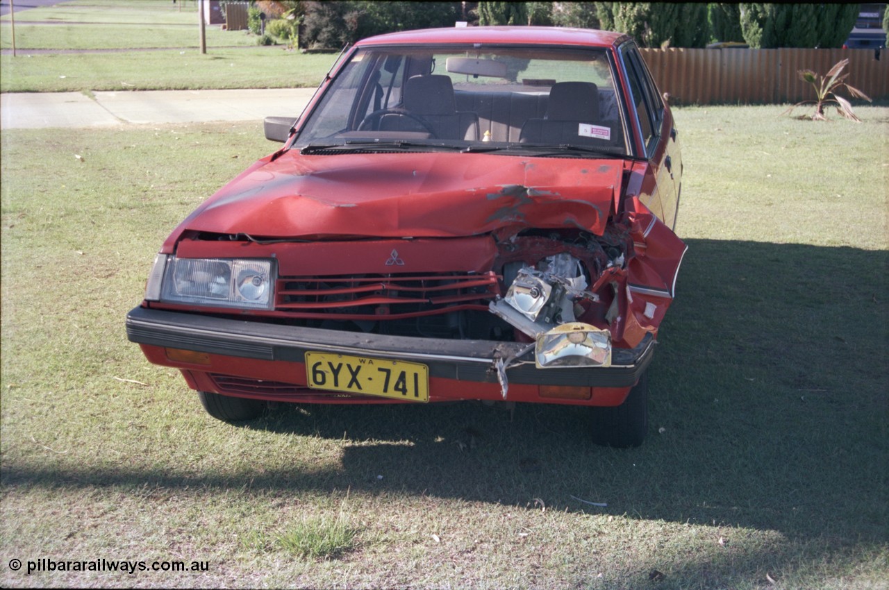 228-01
Noranda, Perth, a Sigma sedan after running up the arse of my HJ75 Landcruiser. Only damage to the ute was a numberplate!
