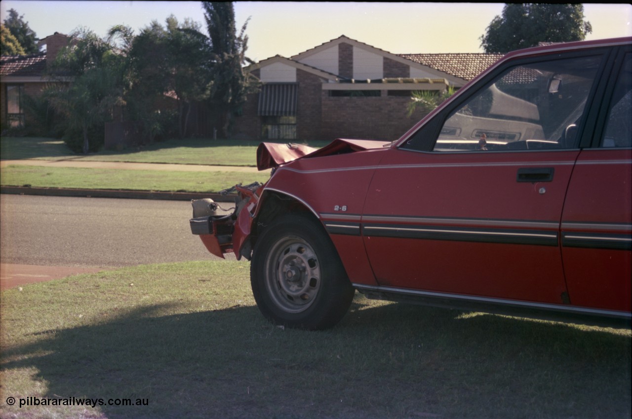 228-02
Noranda, Perth, a Sigma sedan after running up the arse of my HJ75 Landcruiser. Only damage to the ute was a numberplate!
