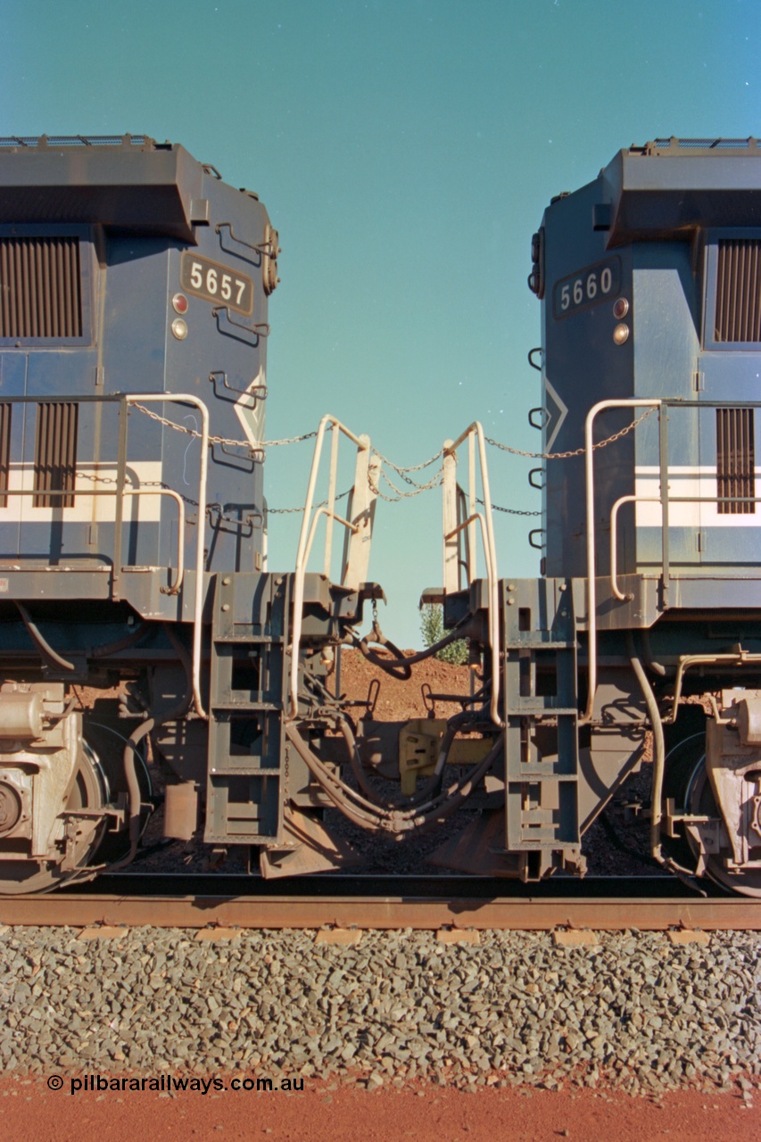 229-11
Yandi Two at the 311.5 km, view of the connections between the two remote power units on an empty train, Goninan rebuild CM40-8M GE unit 5660 on the right is the lead controlling remote, while 5657 on the left is the slave remote. [url=https://goo.gl/maps/DcycDGojcBt]GeoData[/url].
Keywords: 5660;Goninan;GE;CM40-8M;8412-05/94-151;rebuild;AE-Goodwin;ALCo;M636C;5478;G6047-10;