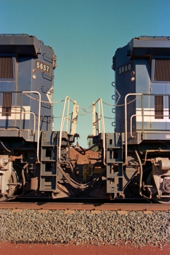 229-10
Yandi Two at the 311.5 km, view of the connections between the two remote power units on an empty train, Goninan rebuild CM40-8M GE unit 5660 on the right is the lead controlling remote, while 5657 on the left is the slave remote. [url=https://goo.gl/maps/DcycDGojcBt]GeoData[/url].
Keywords: 5660;Goninan;GE;CM40-8M;8412-05/94-151;rebuild;AE-Goodwin;ALCo;M636C;5478;G6047-10;