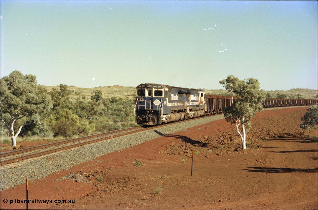 231-17
Yandi Two balloon loop, BHP Iron Ore 5652 'Villanueva' serial 8412-09 / 93-143 an Goninan WA rebuild CM40-8M GE unit loads a train at 1.2 km/h with second unit 5650. [url=https://goo.gl/maps/3vQHZqBXNa32]GeoData[/url].
Keywords: 5652;Goninan;GE;CM40-8M;8412-09/93-143;rebuild;AE-Goodwin;ALCo;M636C;5482;G6061-3;