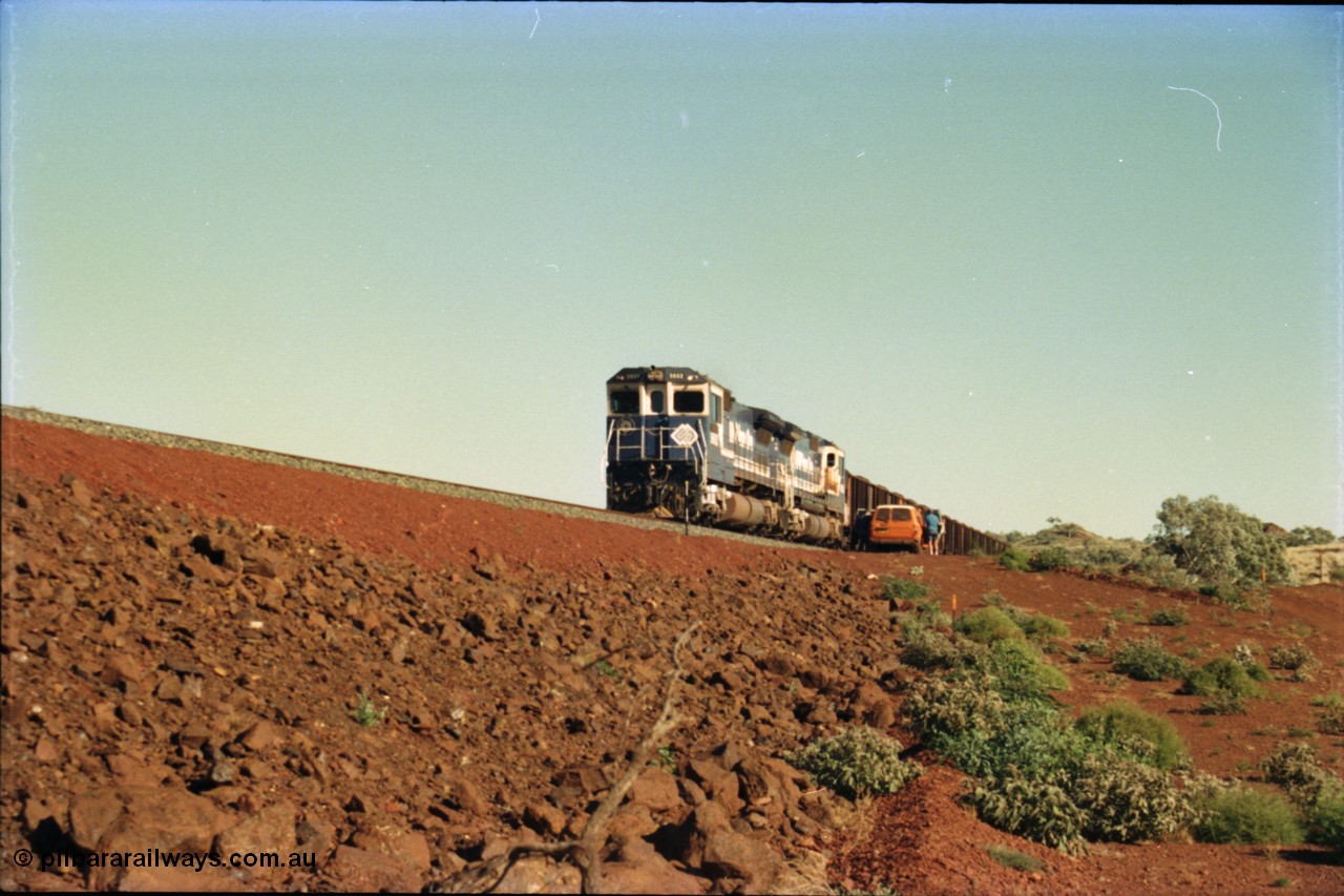 231-24
Yandi Two balloon loop, BHP Iron Ore 5652 'Villanueva' serial 8412-09 / 93-143 an Goninan WA rebuild CM40-8M GE unit loads a train at 1.2 km/h with second unit 5650 as the outgoing crew arrive to change out. [url=https://goo.gl/maps/3vQHZqBXNa32]GeoData[/url].
Keywords: 5652;Goninan;GE;CM40-8M;8412-09/93-143;rebuild;AE-Goodwin;ALCo;M636C;5482;G6061-3;