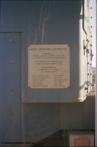 234-17
Yandi Two, BHP Iron Ore Goninan rebuild CM40-8M GE unit 5640 'Ethel Creek' serial 8281-05 / 92-129 builders plate. Circa 1998.
Keywords: 5640;Goninan;GE;CM40-8M;8281-05/92-129;rebuild;AE-Goodwin;ALCo;M636C;5479;G6047-11;