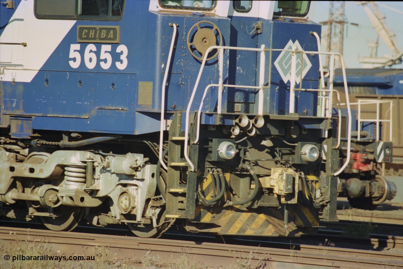 236-03
Nelson Point, Loco Overhaul Shop, BHP Dash 8 class locomotive 5653 'Chiba', a Goninan 1994 rebuild to GE CM40-8M model, serial 8412-10 / 93-144, view of pilot with horn and ditch light arrangement.
Keywords: 5653;Goninan;GE;CM40-8M;8412-10/93-144;rebuild;AE-Goodwin;ALCo;M636C;5484;G6061-5;