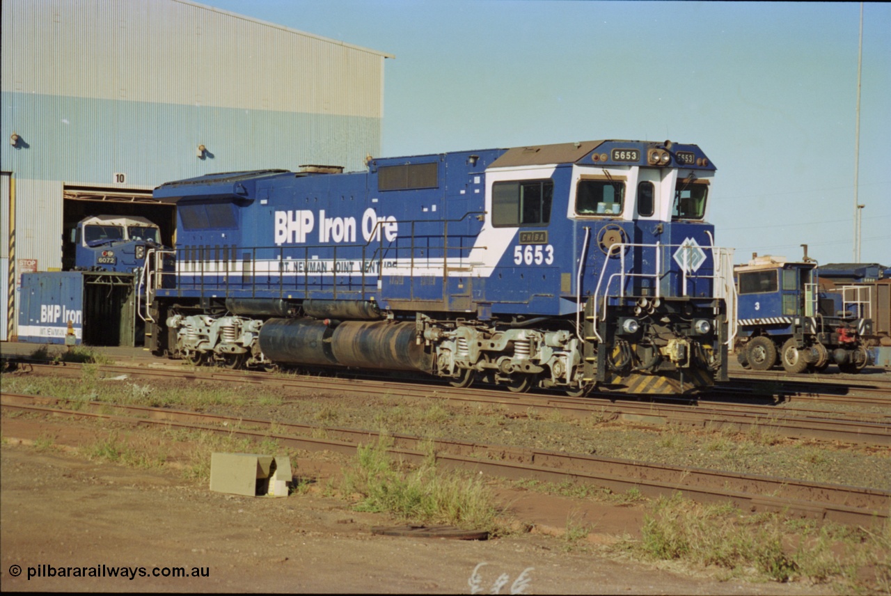 236-07
Nelson Point, Loco Overhaul Shop, BHP Dash 8 class locomotive 5653 'Chiba', a Goninan 1994 rebuild to GE CM40-8M model, serial 8412-10 / 93-144.
Keywords: 5653;Goninan;GE;CM40-8M;8412-10/93-144;rebuild;AE-Goodwin;ALCo;M636C;5484;G6061-5;