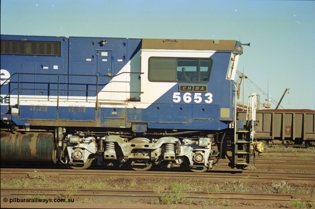 236-08
Nelson Point, Loco Overhaul Shop, BHP Dash 8 class locomotive 5653 'Chiba', a Goninan 1994 rebuild to GE CM40-8M model, serial 8412-10 / 93-144, drivers side cab view.
Keywords: 5653;Goninan;GE;CM40-8M;8412-10/93-144;rebuild;AE-Goodwin;ALCo;M636C;5484;G6061-5;
