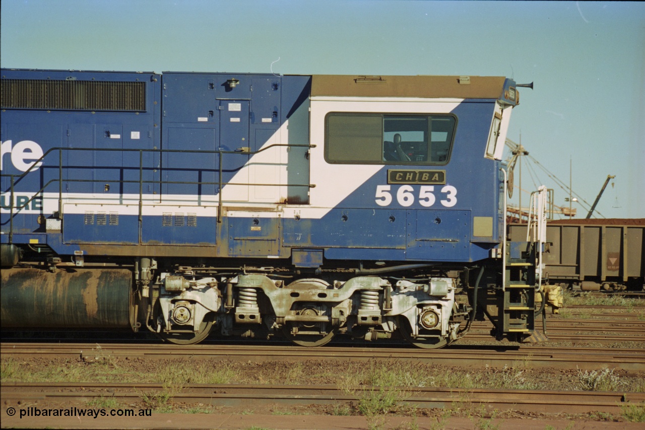 236-09
Nelson Point, Loco Overhaul Shop, BHP Dash 8 class locomotive 5653 'Chiba', a Goninan 1994 rebuild to GE CM40-8M model, serial 8412-10 / 93-144, drivers side cab view.
Keywords: 5653;Goninan;GE;CM40-8M;8412-10/93-144;rebuild;AE-Goodwin;ALCo;M636C;5484;G6061-5;