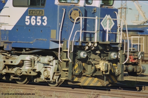 236-03
Nelson Point, Loco Overhaul Shop, BHP Dash 8 class locomotive 5653 'Chiba', a Goninan 1994 rebuild to GE CM40-8M model, serial 8412-10 / 93-144, view of pilot with horn and ditch light arrangement.
Keywords: 5653;Goninan;GE;CM40-8M;8412-10/93-144;rebuild;AE-Goodwin;ALCo;M636C;5484;G6061-5;
