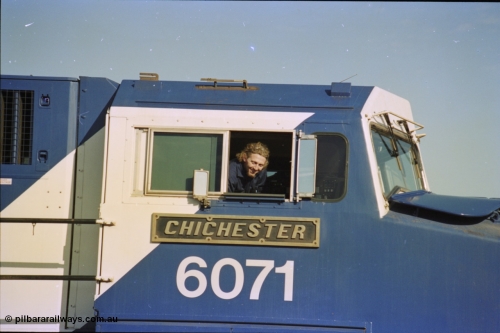 236-35
Nelson Point Loco Overhaul Shop, BHP Iron Ore's General Electric built AC6000 unit 6071 'Chichester' serial 51063 sits out the front with new windscreen protectors or 'blinkers' fitted, cab side and name plate view.
Keywords: 6071;GE;AC6000CW;51063;