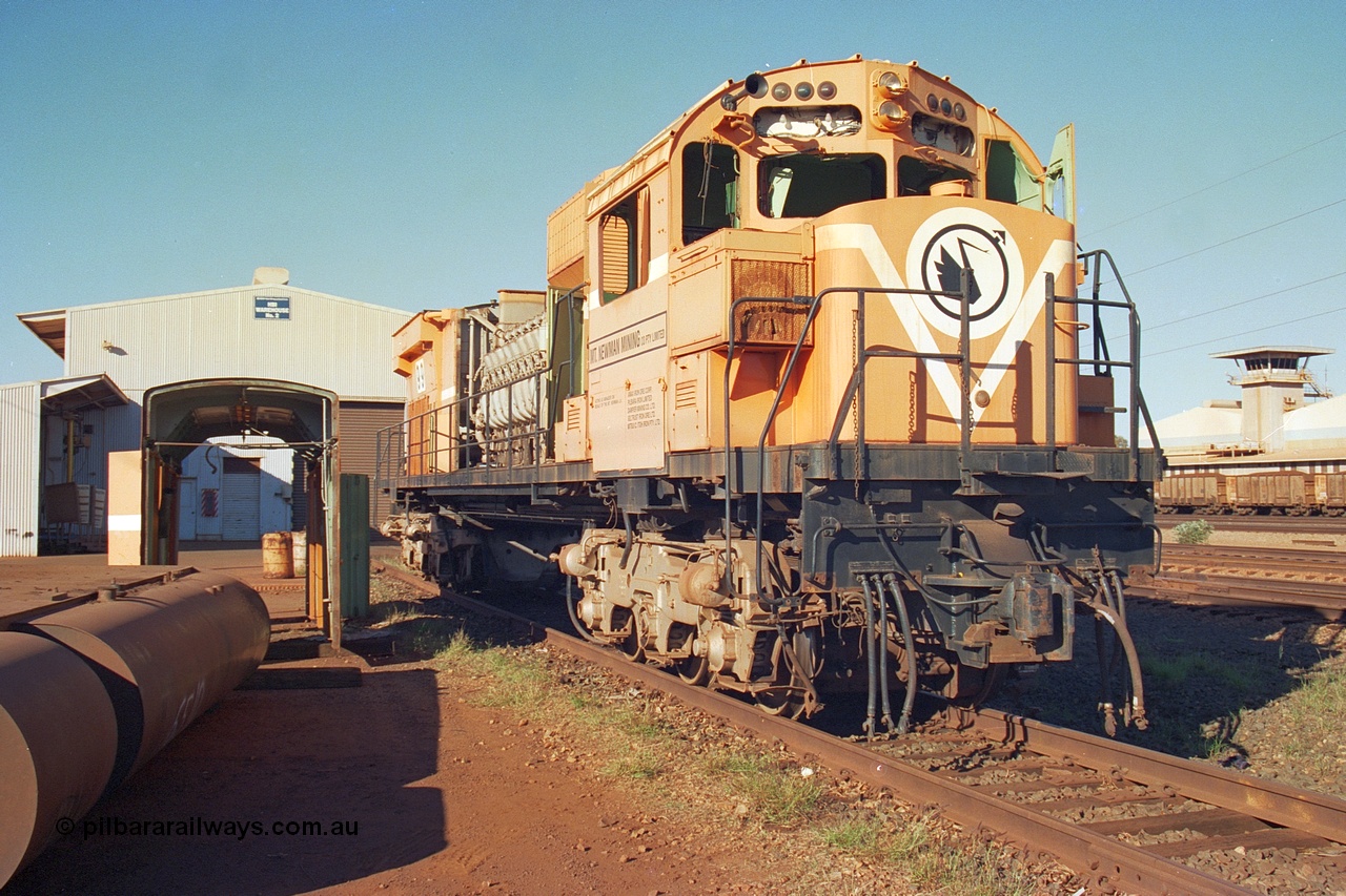 240-08
Nelson Point, retired Mt Newman Mining Comeng NSW built ALCo M636 unit 5499 serial C6096-4 sits awaiting its engine removal prior to being sent by road to Rail Heritage WA's Museum at Bassendean, Perth for preservation. 25th June 2002.
Keywords: 5499;Comeng-NSW;ALCo;M636;C6096-4;