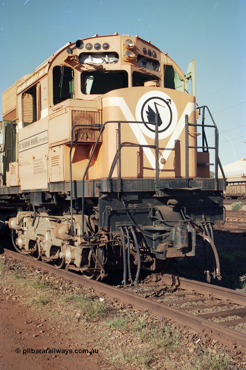 240-10
Nelson Point, retired Mt Newman Mining Comeng NSW built ALCo M636 unit 5499 serial C6096-4 sits awaiting its engine removal prior to being sent by road to Rail Heritage WA's Museum at Bassendean, Perth for preservation. 25th June 2002.
Keywords: 5499;Comeng-NSW;MLW-ALCo;M636;C6096-4;