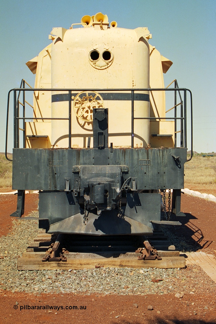 240-11
Wickham, town entry statement with former Robe River Iron Associates Montreal Locomotive Works built ALCo model RSC3 serial 77737 of 1951, originally owned by New South Wales Railways as their 40 class 4006, to Robe River in 1971 as 261.001, then 1700 and finally 9401. Short hood end view on the rail plinth at the entry into town. 31st August 2002
Keywords: 9401;MLW;ALCo;RSC3;77737;40-class;4006;