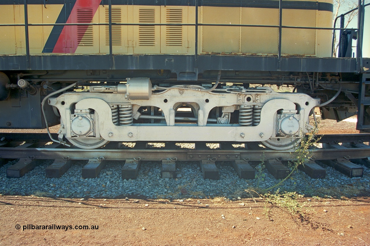 240-17
Wickham, left hand side number two end view of former Robe River and NSWGR MLW built ALCo RSC3 serial 77737 of October 1951, was originally 40 class 4006. Shows modified bogie to convert the A1A to a BO bogie type. 31st August 2002.
Keywords: 9401;MLW;ALCo;RSC3;77737;40-class;4006;