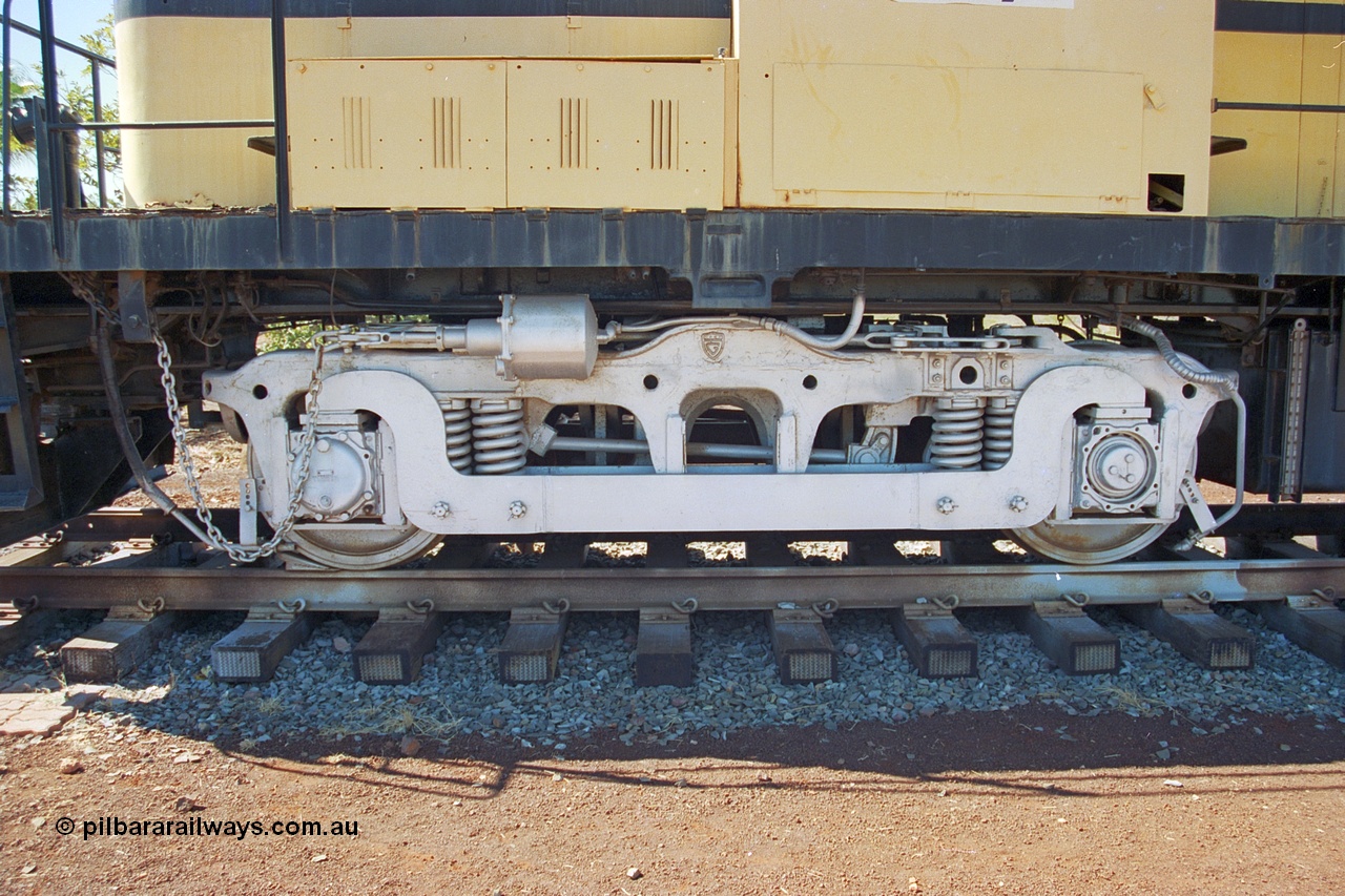 240-20
Wickham, left hand side number one end view of former Robe River and NSWGR MLW built ALCo RSC3 serial 77737 of October 1951. Shows modified bogie to convert the A1A to a BO bogie type. 31st August 2002.
Keywords: 9401;MLW;ALCo;RSC3;77737;40-class;4006;