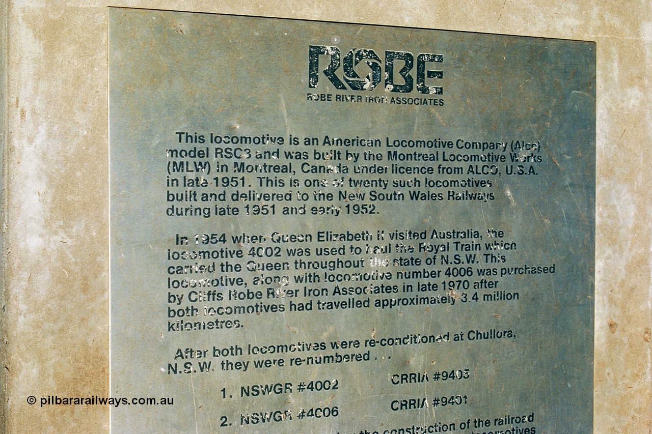 240-23
Wickham town entry statement, concrete plinth with plaque outlining the history of the MLW built ALCo model RSC3 units operated by Robe River prior to preservation and on the NSWGR as originally 40 class 4006. 31st August 2002.
Keywords: 9401;MLW;ALCo;RSC3;77737;40-class;4006;