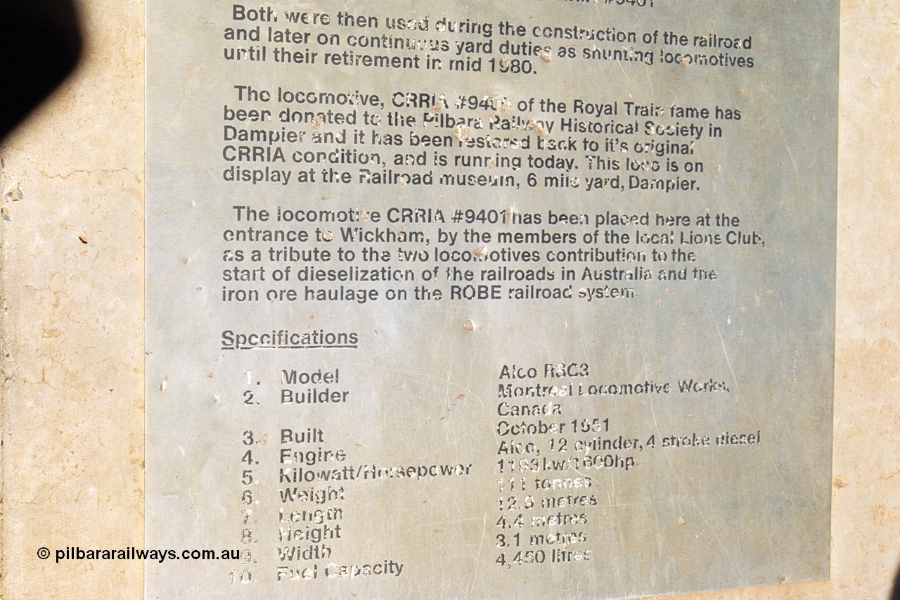 240-24
Wickham town entry statement, concrete plinth with plaque outlining the history of the MLW built ALCo model RSC3 units operated by Robe River prior to preservation and on the NSWGR as originally 40 class 4006. 31st August 2002.
Keywords: 9401;MLW;ALCo;RSC3;77737;40-class;4006;