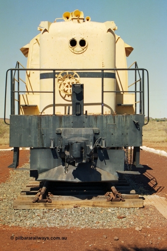240-11
Wickham, town entry statement with former Robe River Iron Associates Montreal Locomotive Works built ALCo model RSC3 serial 77737 of 1951, originally owned by New South Wales Railways as their 40 class 4006, to Robe River in 1971 as 261.001, then 1700 and finally 9401. Short hood end view on the rail plinth at the entry into town. 31st August 2002
Keywords: 9401;MLW;ALCo;RSC3;77737;40-class;4006;