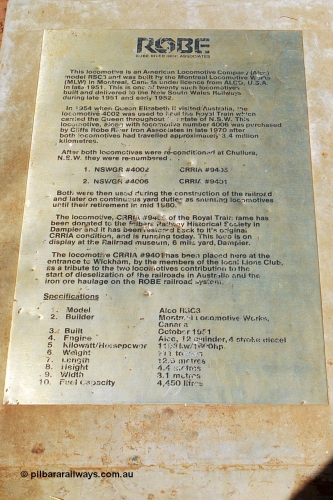 240-12
Wickham town entry statement, concrete plinth with plaque outlining the history of the MLW built ALCo model RSC3 units operated by Robe River prior to preservation. 31st August 2002.
