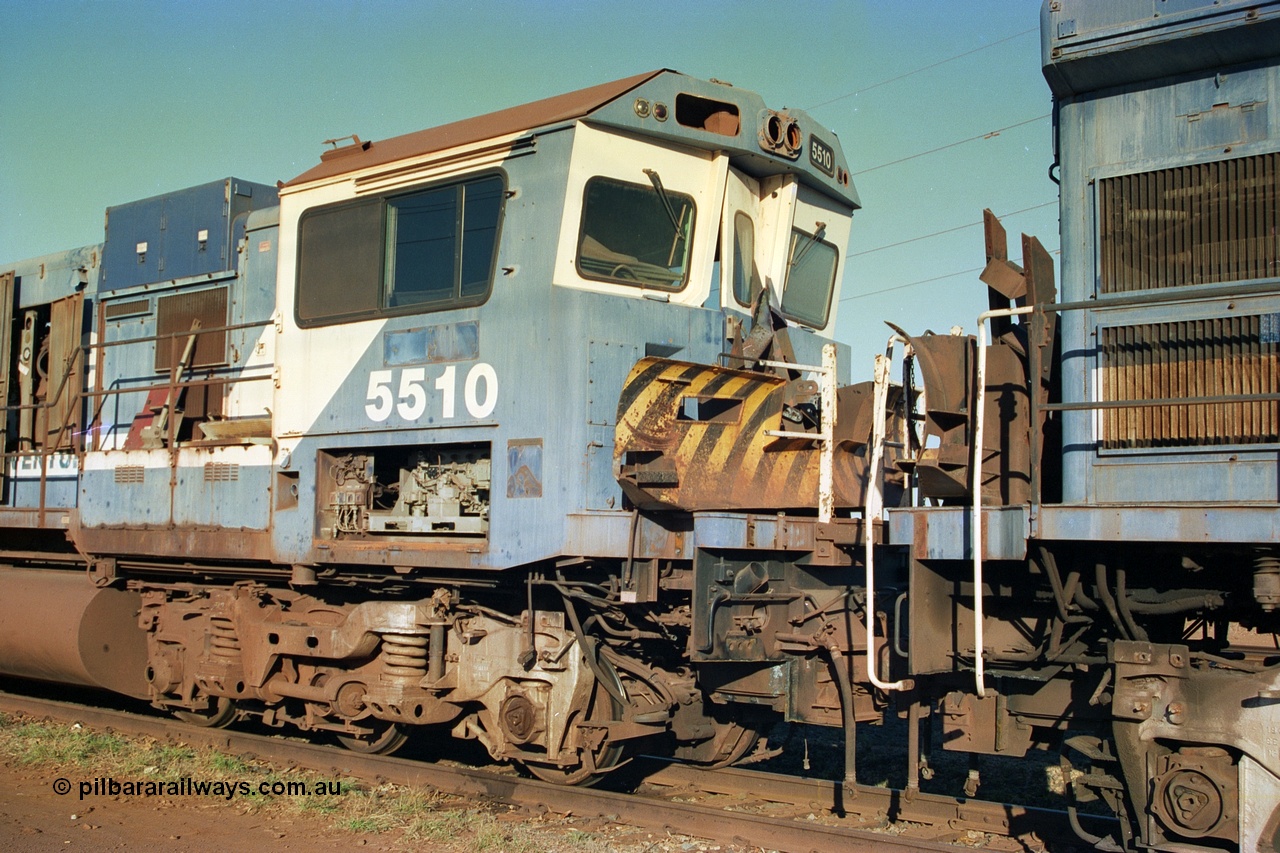 241-16
Nelson Point, Goninan GE rebuild C36-7M unit 5510 serial 4839-07 / 87-075 is in the process of being removed from site bound for Asset Kinetics in Maddington, Perth. Drivers side cab front view with plough removed. June 2002.
Keywords: 5510;Goninan;GE;C36-7M;4839-07/87-075;rebuild;AE-Goodwin;ALCO;C636;5458;G6027-2;