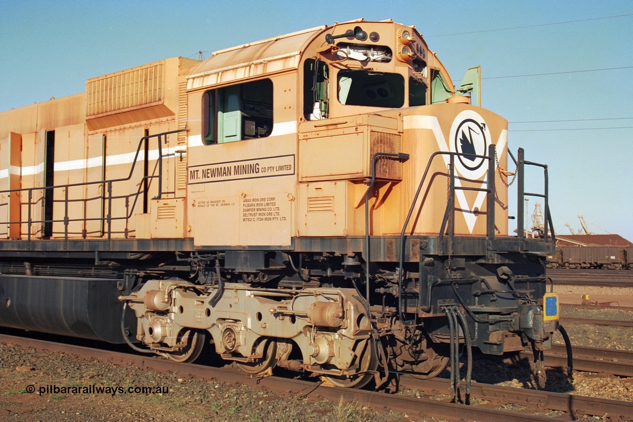 241-27
Nelson Point, Mt Newman Mining's last in-service ALCo M636 unit 5499 serial C6096--4 built by Comeng NSW sits awaiting partial dismantling before being sent by road to Rail Heritage WA's museum at Bassendean, Perth for preservation. Drivers side front view of the cab with pilot missing. June 2002.
Keywords: 5499;Comeng-NSW;ALCo;M636;C6096-4;