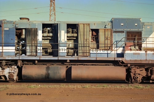 241-15
Nelson Point, Goninan GE rebuild C36-7M unit 5510 serial 4839-07 / 87-075 is in the process of being removed from site bound for Asset Kinetics in Maddington, Perth. Drivers side view with hood doors open. June 2002.
Keywords: 5510;Goninan;GE;C36-7M;4839-07/87-075;rebuild;AE-Goodwin;ALCO;C636;5458;G6027-2;