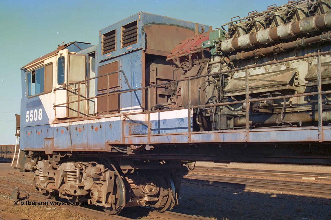 242-07
Nelson Point, BHP Goninan GE rebuild C36-7M unit 5508 serial 4839-04 / 87-073 about to be trucked to United Goninan Perth for eventual overhaul and repainting into the Pilbara Rail livery and leased to Pilbara Rail re-numbered 5052 as a shunt unit at Dampier. May 2002.
Keywords: 5508;Goninan;GE;C36-7M;4839-04/87-073;rebuild;AE-Goodwin;ALCo;C636;5466;G6041-2;