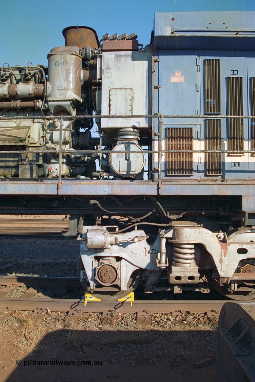 242-08
Nelson Point, BHP Goninan GE rebuild C36-7M unit 5508 serial 4839-04 / 87-073 about to be trucked to United Goninan Perth for eventual overhaul and repainting into the Pilbara Rail livery and leased to Pilbara Rail re-numbered 5052 as a shunt unit at Dampier. May 2002.
Keywords: 5508;Goninan;GE;C36-7M;4839-04/87-073;rebuild;AE-Goodwin;ALCo;C636;5466;G6041-2;