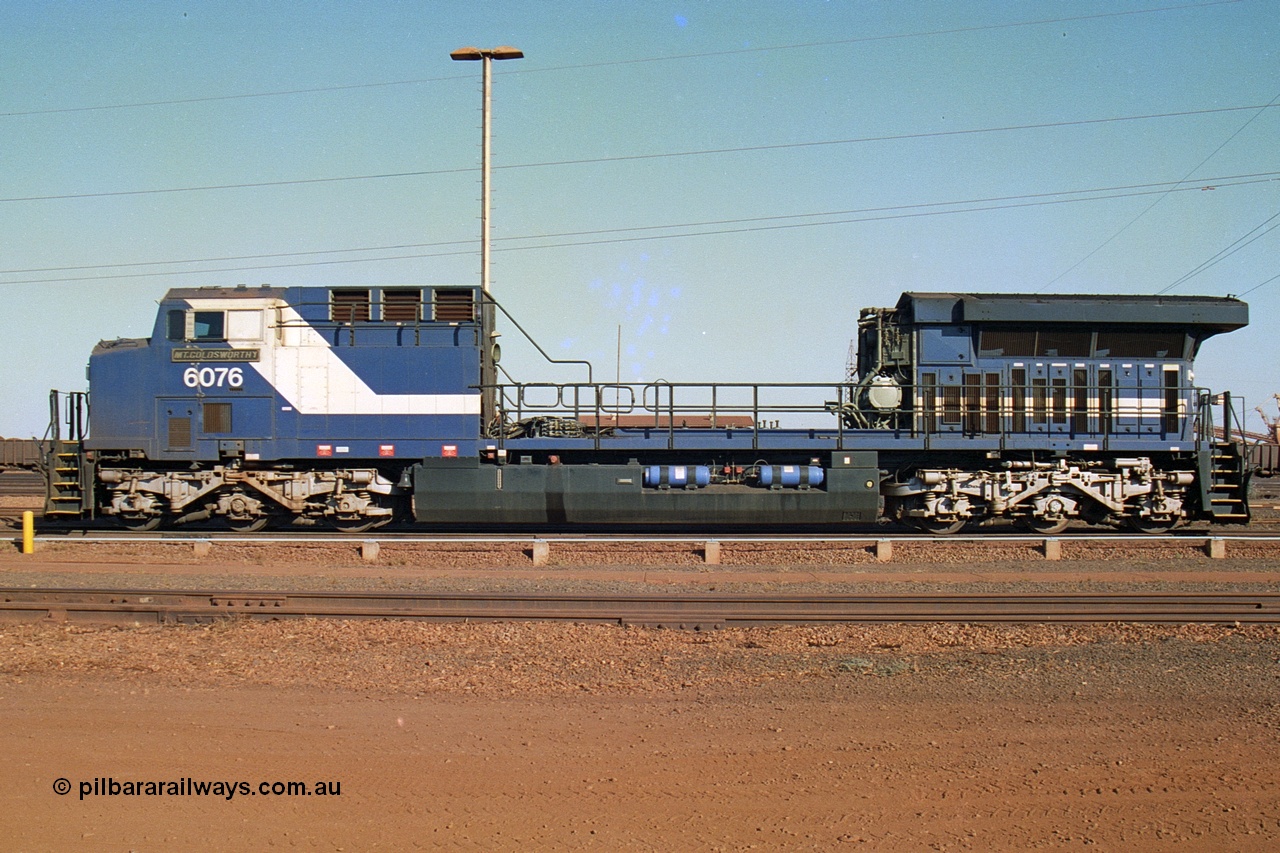 242-13
Nelson Point, Loco Overhaul Shop, General Electric built AC6000 locomotive 6076 'Mt Goldsworthy' serial 51068 with engine and alternator removed. May 2002.
Keywords: 6076;GE;AC6000;51068;