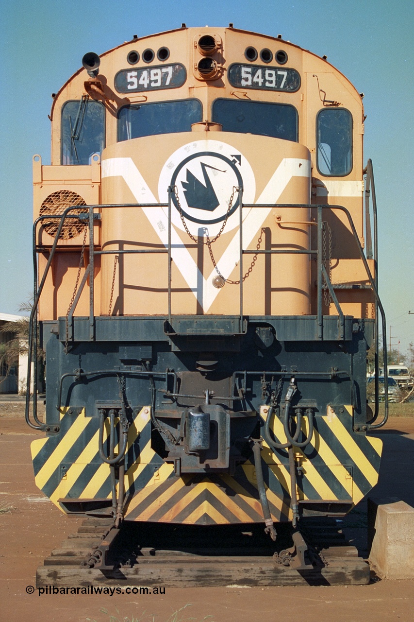 242-19
Port Hedland, Don Rhodes Mining Museum, preserved Mt Newman Mining Comeng NSW built ALCo M636 unit 5497 serial C6096-2 stands in the afternoon sunlight. May 2002.
Keywords: 5497;Comeng-NSW;ALCo;M636;C6096-2;
