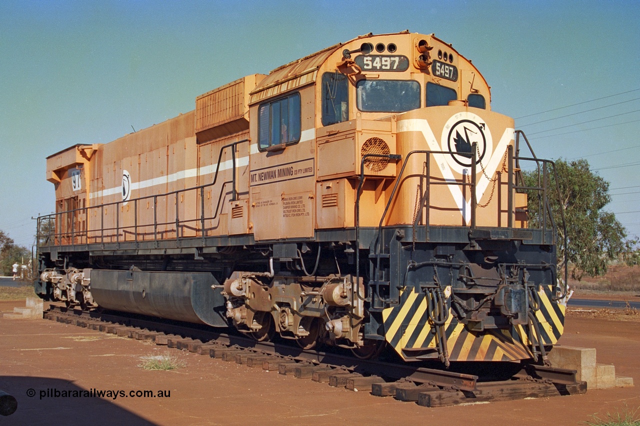 242-20
Port Hedland, Don Rhodes Mining Museum, preserved Mt Newman Mining Comeng NSW built ALCo M636 unit 5497 serial C6096-2 stands in the afternoon sunlight.
Keywords: 5497;Comeng-NSW;ALCo;M636;C6096-2;