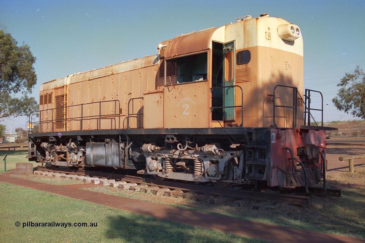 242-22
Port Hedland, Don Rhodes Mining Museum, preserved Goldsworthy Mining B class unit #2 serial number A-105, these units of Bo-Bo design with a 6CSRKT 640 kW prime mover were built at the English Electric Rocklea Qld plant in 1965 and primarily used for the construction of the Mt Goldsworthy to Finucane Island railway. May 2002.
Keywords: B-class;English-Electric-Qld;ST95B;A-105;GML;Goldsworthy-Mining;