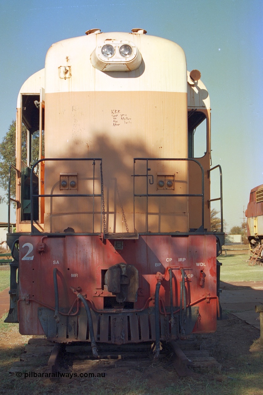 242-23
Port Hedland, Don Rhodes Mining Museum, preserved Goldsworthy Mining B class unit #2 serial number A-105, these units of Bo-Bo design with a 6CSRKT 640 kW prime mover were built at the English Electric Rocklea Qld plant in 1965 and primarily used for the construction of the Mt Goldsworthy to Finucane Island railway. May 2002.
Keywords: B-class;English-Electric-Qld;ST95B;A-105;GML;Goldsworthy-Mining;