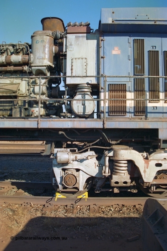 242-08
Nelson Point, BHP Goninan GE rebuild C36-7M unit 5508 serial 4839-04 / 87-073 about to be trucked to United Goninan Perth for eventual overhaul and repainting into the Pilbara Rail livery and leased to Pilbara Rail re-numbered 5052 as a shunt unit at Dampier. May 2002.
Keywords: 5508;Goninan;GE;C36-7M;4839-04/87-073;rebuild;AE-Goodwin;ALCo;C636;5466;G6041-2;