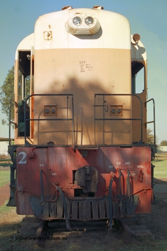 242-24
Port Hedland, Don Rhodes Mining Museum, preserved Goldsworthy Mining B class unit #2 serial number A-105, these units of Bo-Bo design with a 6CSRKT 640 kW prime mover were built at the English Electric Rocklea Qld plant in 1965 and primarily used for the construction of the Mt Goldsworthy to Finucane Island railway. May 2002.
Keywords: B-class;English-Electric-Qld;ST95B;A-105;GML;Goldsworthy-Mining;