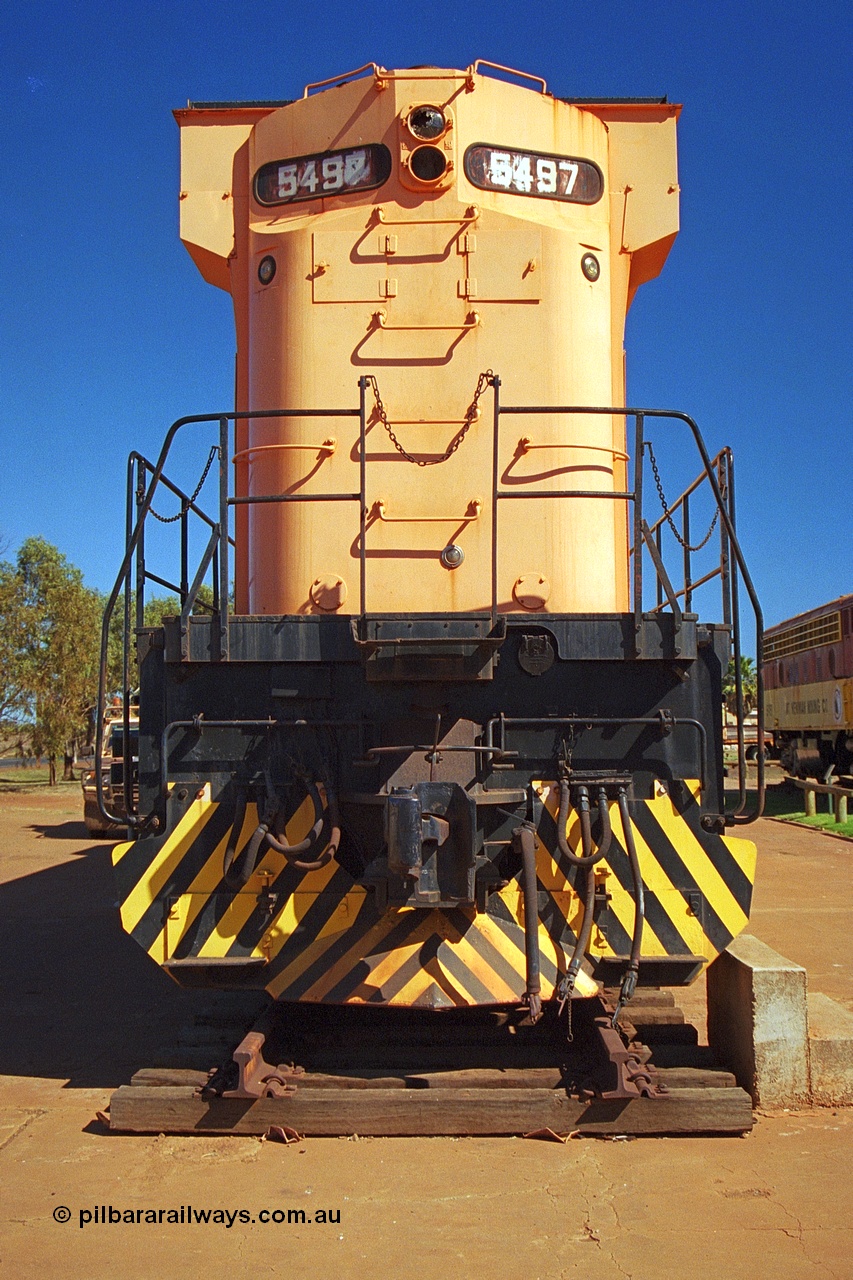 243-01
Port Hedland, Don Rhodes Mining Museum, preserved Mt Newman Mining Comeng NSW built ALCo M636 unit 5497 serial C6096-2 stands in the morning sunlight. August 2003.
Keywords: 5497;Comeng-NSW;ALCo;M636;C6096-2;