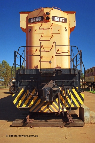 243-01
Port Hedland, Don Rhodes Mining Museum, preserved Mt Newman Mining Comeng NSW built ALCo M636 unit 5497 serial C6096-2 stands in the morning sunlight. August 2003.
Keywords: 5497;Comeng-NSW;MLW-ALCo;M636;C6096-2;