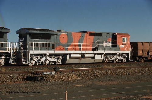 243-18
Nelson Point departure yard, BHP Billiton's CM39-8 unit 5630 'Zeus' serial 5831-09 / 88-079 and built new by Goninan in the new 'earth' or 'bubble' livery as it trails an empty train waiting departure time. August 2003.
Keywords: 5630;Goninan;GE;CM39-8;5831-09/88-079;