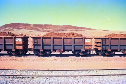 246-31
Cape Lambert, a Robe River loaded Deepdale train on the mainline with waggon 700 a Tomlinson Steel WA build. The ore is a ROM product and will be dumped over the gyratory crusher to be correctly sized. 22nd May 2002.
Keywords: 700;J-series;Tomlinson-Steel-WA;Robe-ore-waggon;