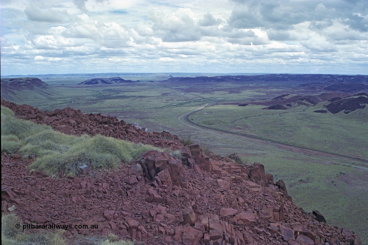 249-16
Table Hill on the Robe River railway line, looking in a southerly direction as the railway line snakes south towards the Chichester's. Approximate [url=https://goo.gl/maps/N5uVaWQmHfYTJvFK9]location[/url].

